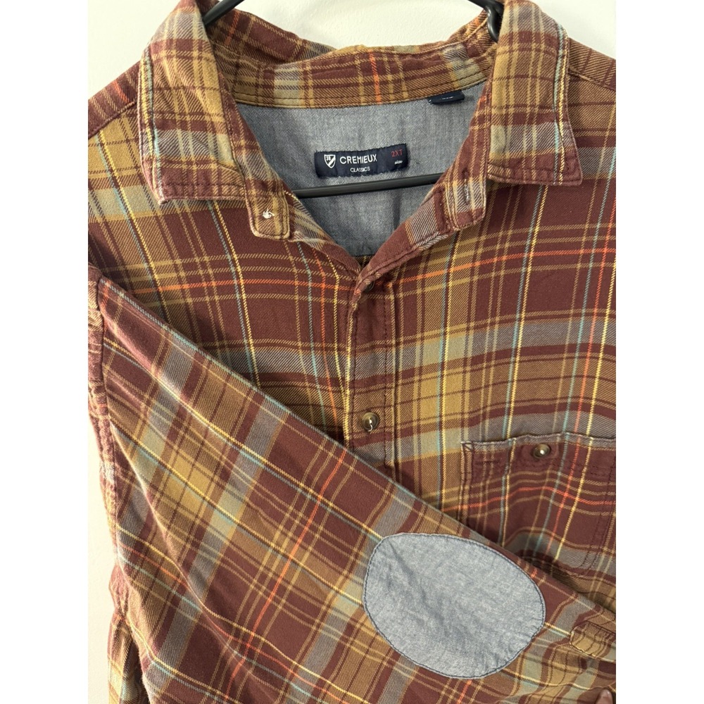 Cremieux Classics Mens 2XT Plaid Flannel Shirt Elbow Patches Burgundy Orange